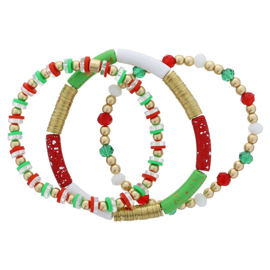 Set of 3, Gold Bead, Multi Christmas, Gold Discs, Red, Green Discs, Gold Ball Bracelet, 8.5" Around