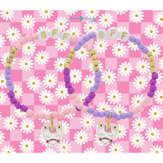 Kids Set of 2, Matching "BFF" Purple Beaded with White & Unicorn Hearts Bracelet, .65" Pendants