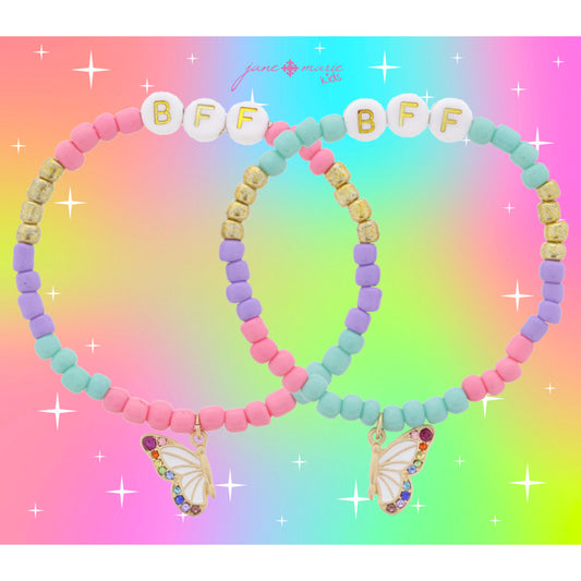 Kids Set of 2, Matching "BFF" Beaded with White & Crystal Butterflies Bracelet, .25", .65" Pendants
