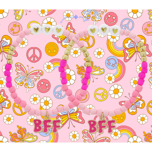 Kids Set of 2, Matching Pink Beaded, Pink Retro "BFF" & Heart Beads Bracelet, .35", .35" Pendants