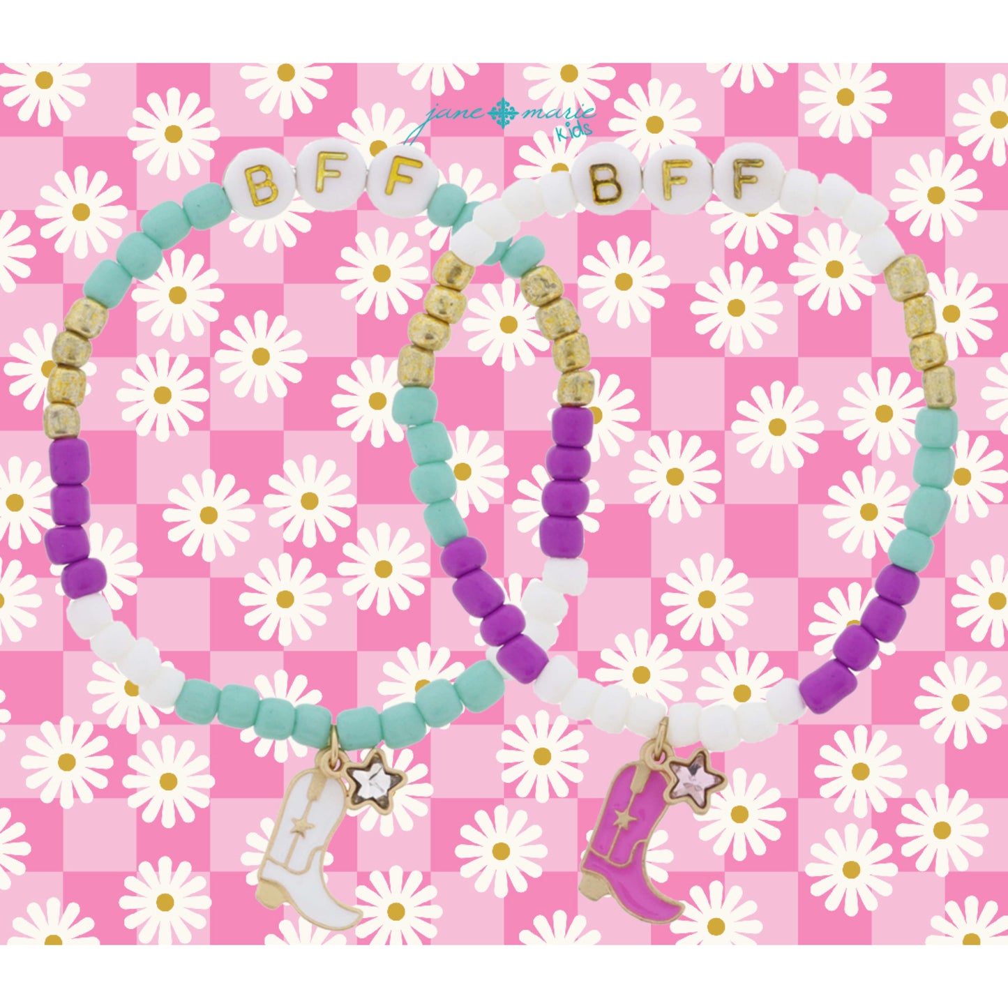 Kids Set of 2, Matching "BFF" Beaded, Cowgirl Boots & Stars Bracelet, .5", .65", .25" Pendants