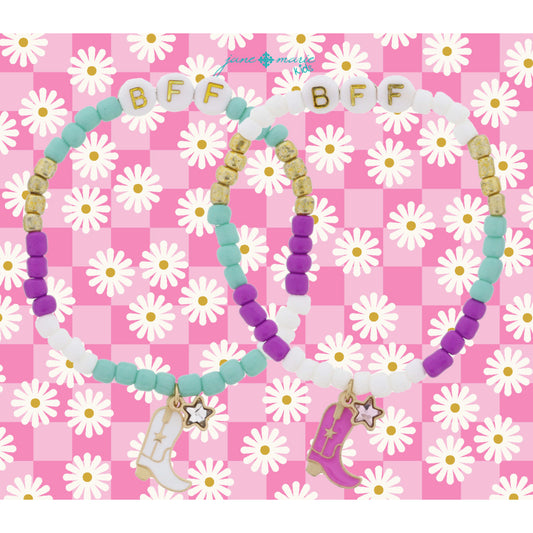 Kids Set of 2, Matching "BFF" Beaded, Cowgirl Boots & Stars Bracelet, .5", .65", .25" Pendants