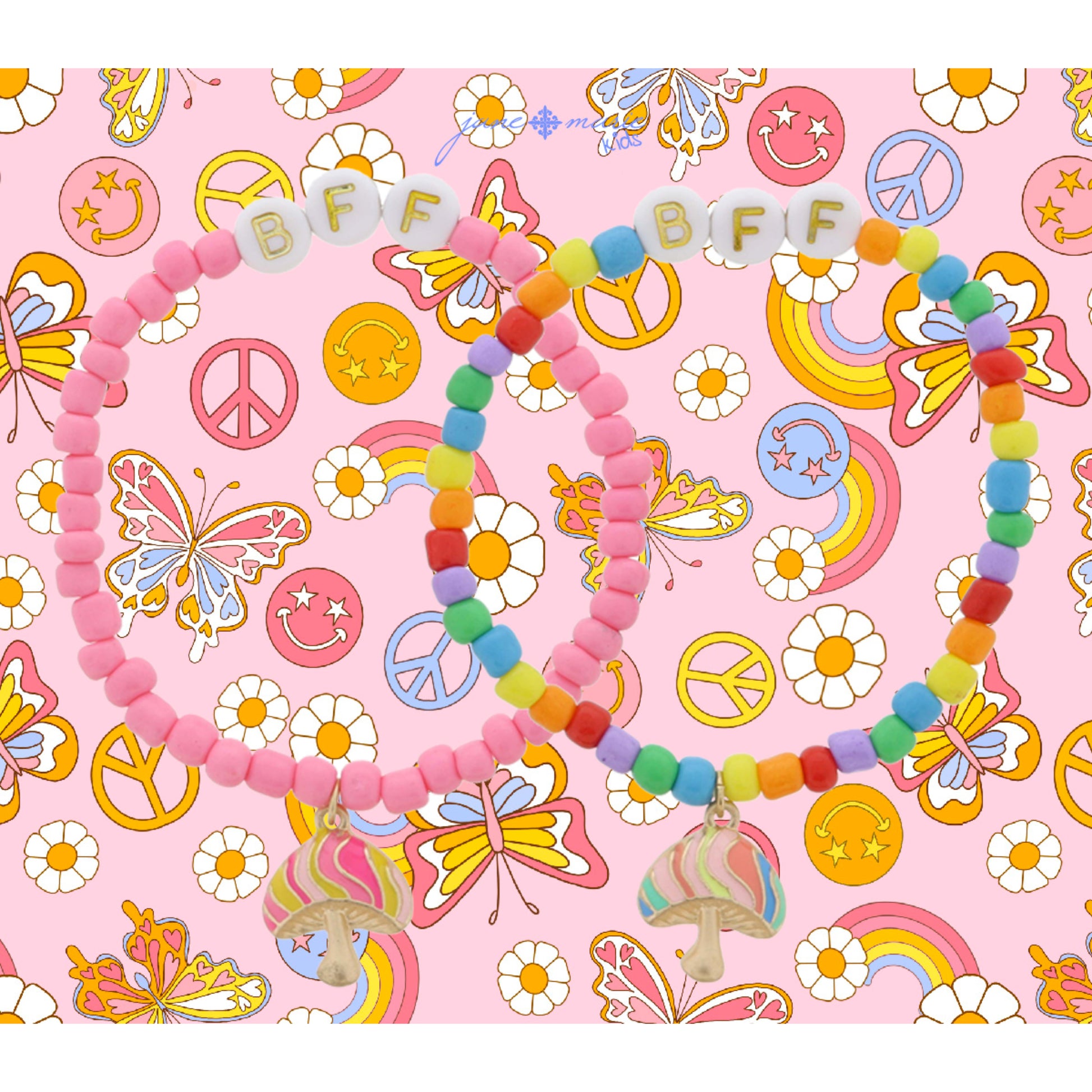 Kids Set of 2, Coordinating "BFF" Pink & Beaded with Enamel Mushrooms Bracelet, .65", .25" Pendants