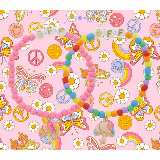 Kids Set of 2, Coordinating "BFF" Pink & Beaded with Enamel Mushrooms Bracelet, .65", .25" Pendants