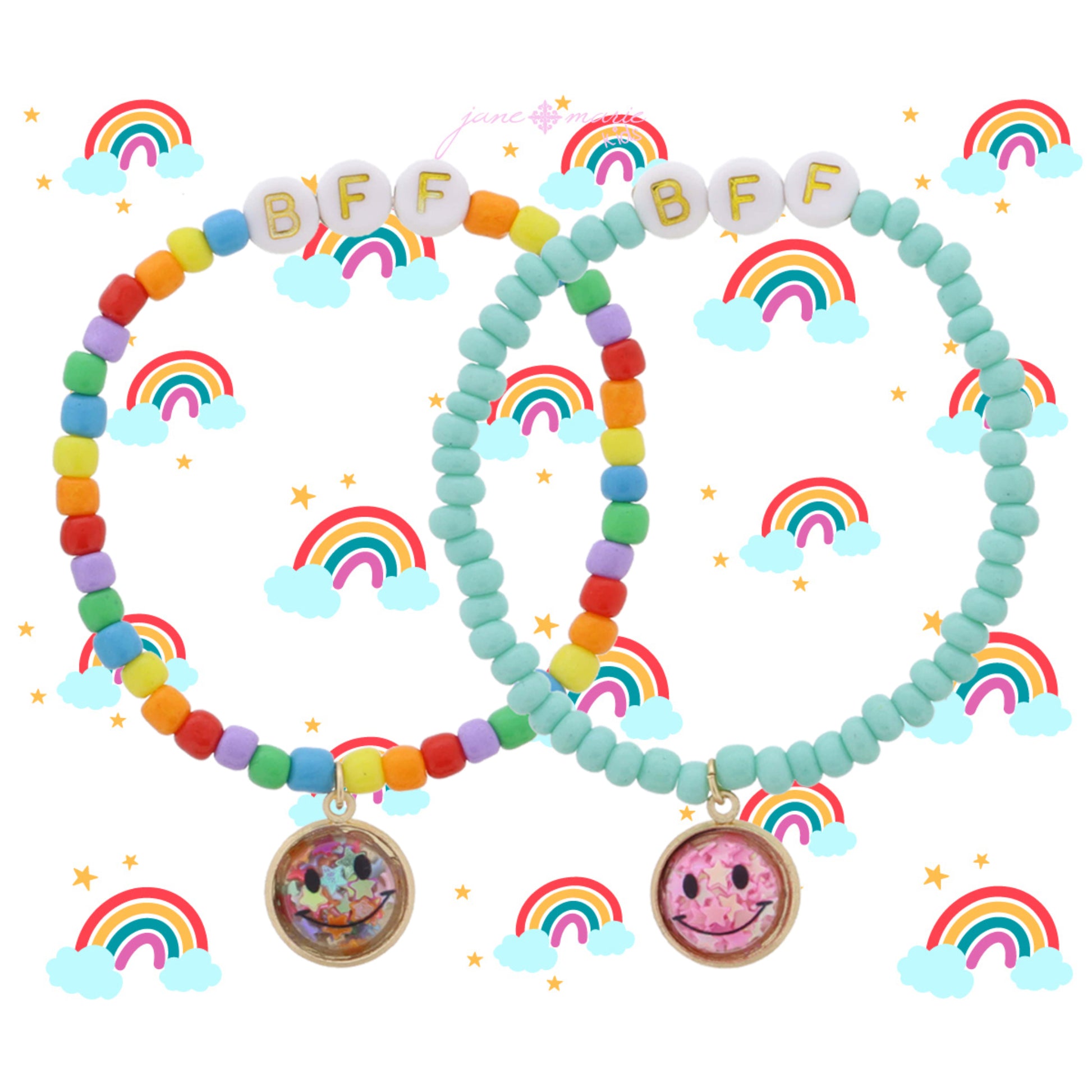 Kids Set of 2, Coordinating "BFF" Mint, Pink & Star Happy Faces Bracelet, .25", .5", .25" Pendants