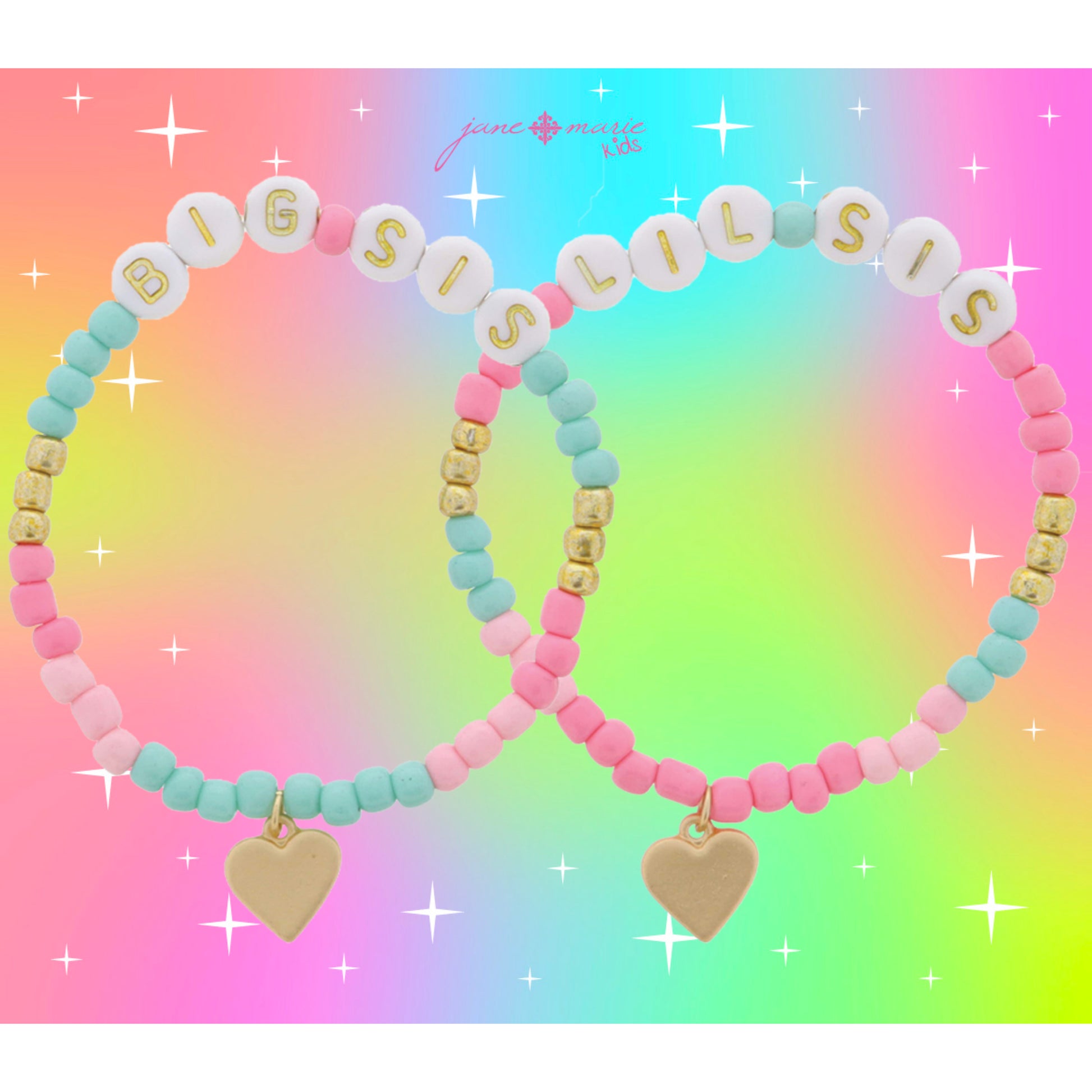 Kids Set of 2, Matching "BIG SIS" & "LIL SIS" Beaded with Gold Hearts Bracelet, .25", .35" Pendants