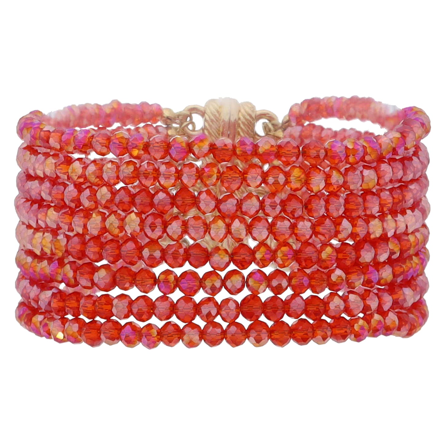 8 Strand Mini Red Faceted Beaded with Magnetic Closure Bracelet, 1.25" Pendant