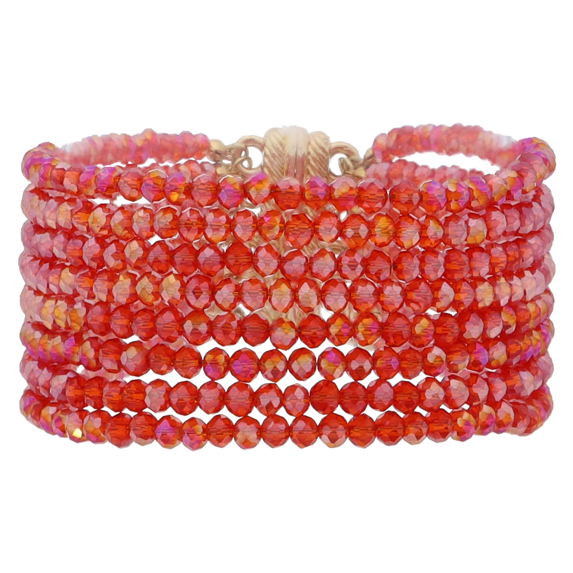 8 Strand Mini Red Faceted Beaded with Magnetic Closure Bracelet, 1.25" Pendant