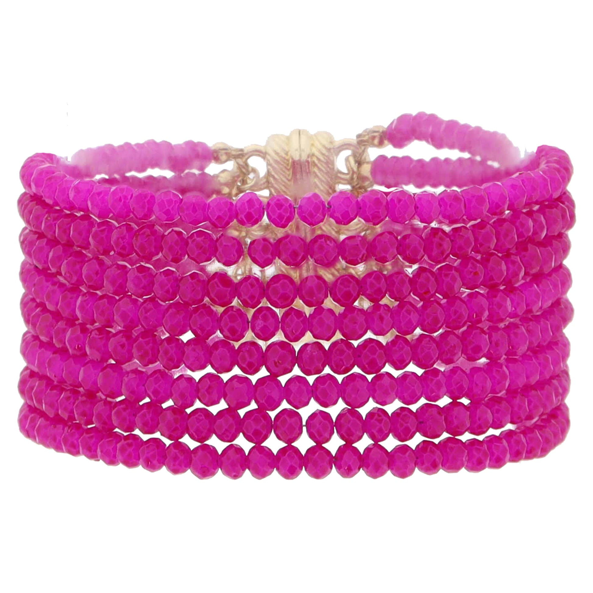 8 Strand Mini Hot Pink Faceted Beaded with Magnetic Closure Bracelet, 1.25" Pendant