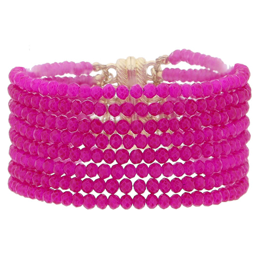 8 Strand Mini Hot Pink Faceted Beaded with Magnetic Closure Bracelet, 1.25" Pendant