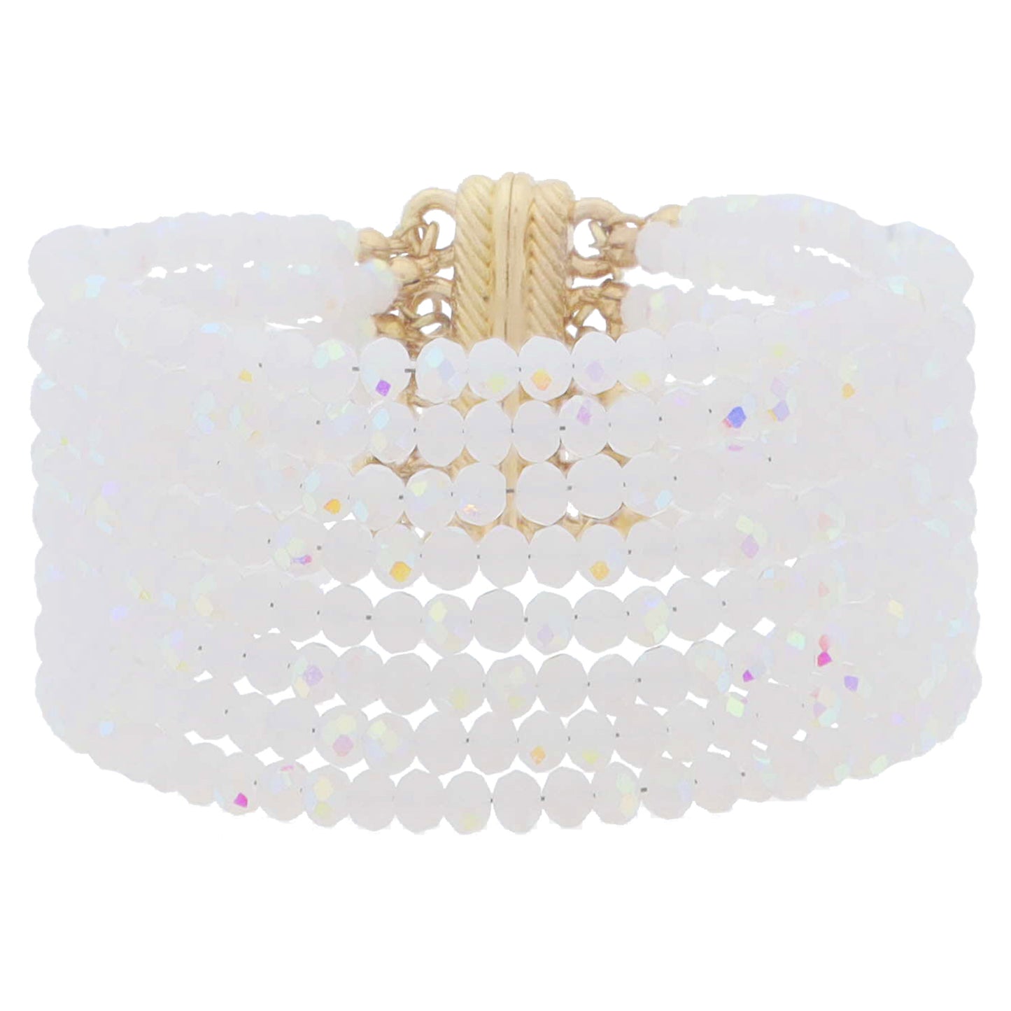 8 Strand Mini Frosty White AB Faceted Beaded with Magnetic Closure Bracelet, 1.25" Pendant