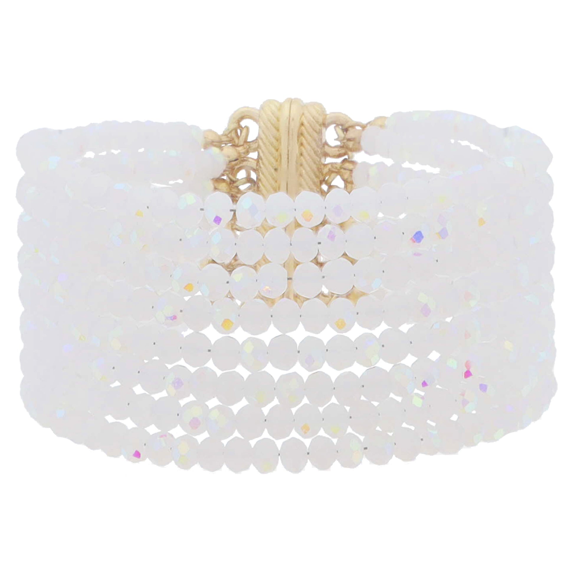 8 Strand Mini Frosty White AB Faceted Beaded with Magnetic Closure Bracelet, 1.25" Pendant