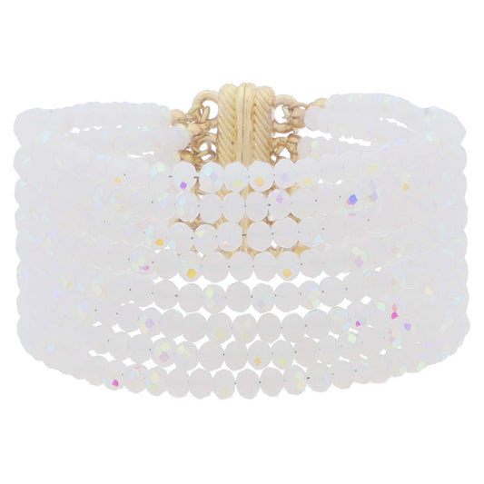 8 Strand Mini Frosty White AB Faceted Beaded with Magnetic Closure Bracelet, 1.25" Pendant