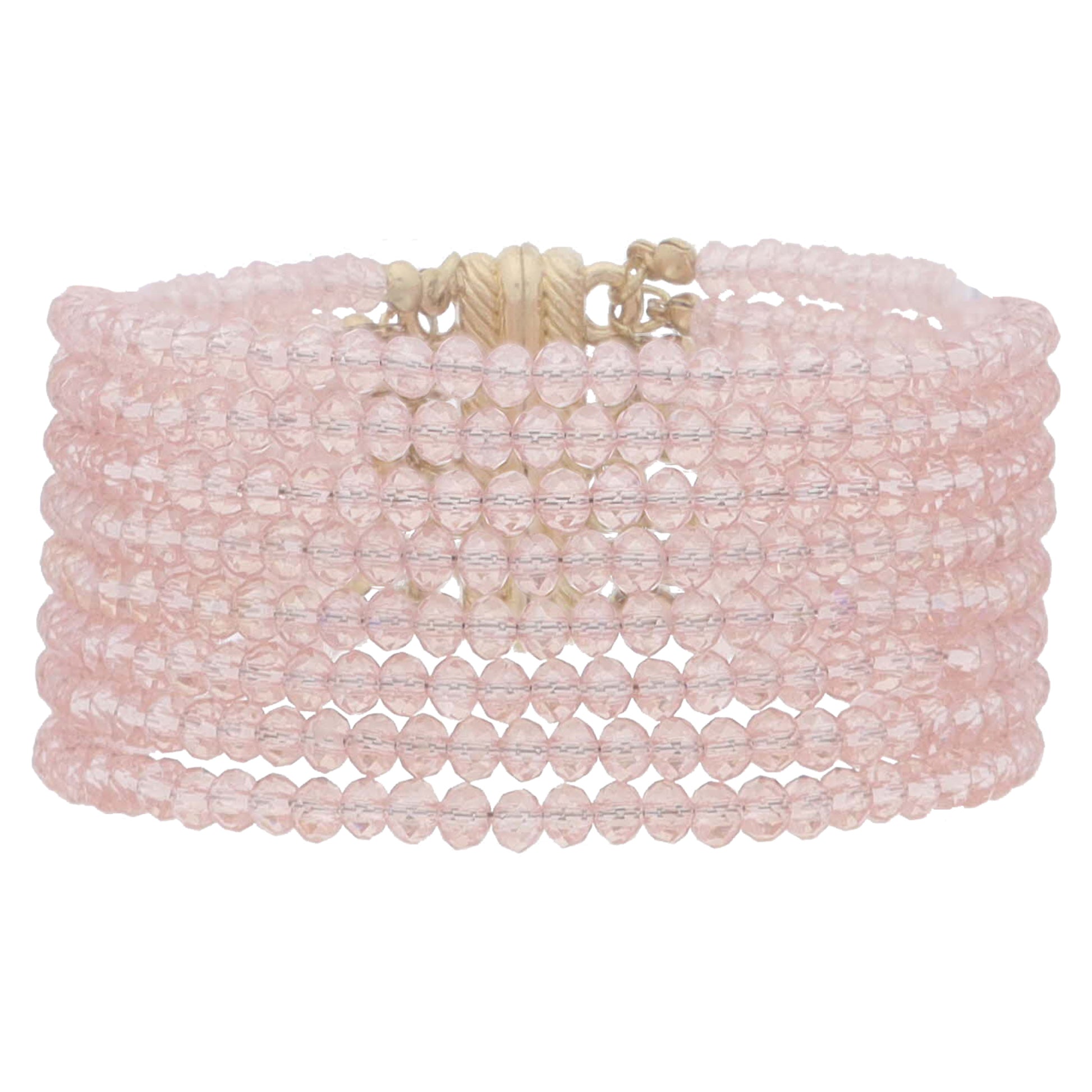 8 Strand Mini Light Pink Faceted Beaded with Magnetic Closure Bracelet, 1.25" Pendant