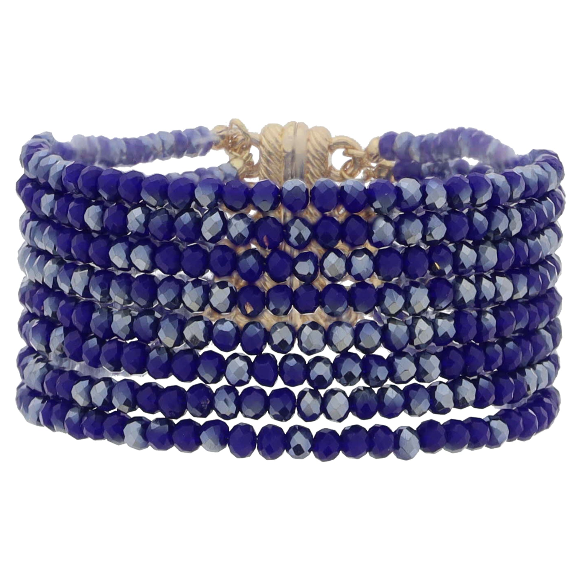 8 Strand Mini Metallic Royal Blue Faceted Beaded with Magnetic Closure Bracelet, 1.25" Pendant