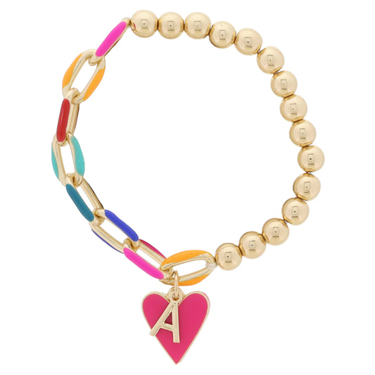 Kids Half Chain, Half Gold Beaded, Gold Initial "A", Pink Heart Charm Bracelet, .35", .65" Pendants