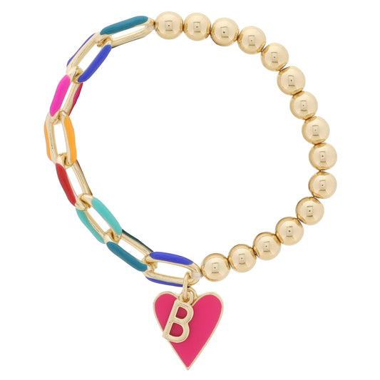 Kids Half Chain, Half Gold Beaded, Gold Initial "B", Pink Heart Charm Bracelet, .35", .65" Pendants