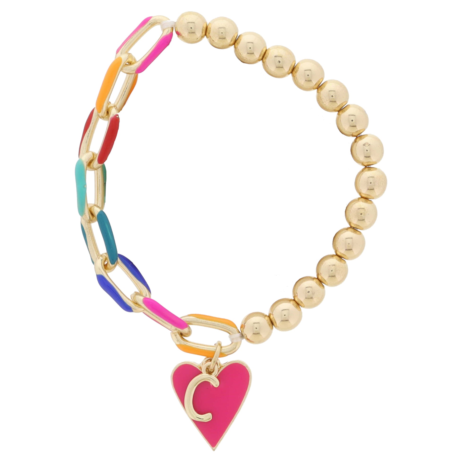 Kids Half Chain, Half Gold Beaded, Gold Initial "C", Pink Heart Charm Bracelet, .35", .65" Pendants