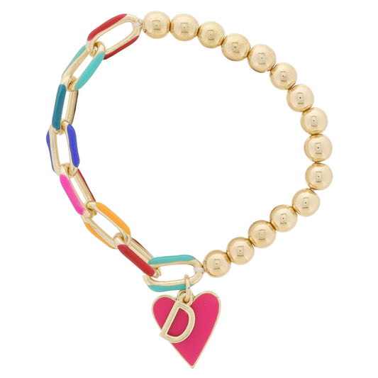 Kids Half Chain, Half Gold Beaded, Gold Initial "D", Pink Heart Charm Bracelet, .35", .65" Pendants