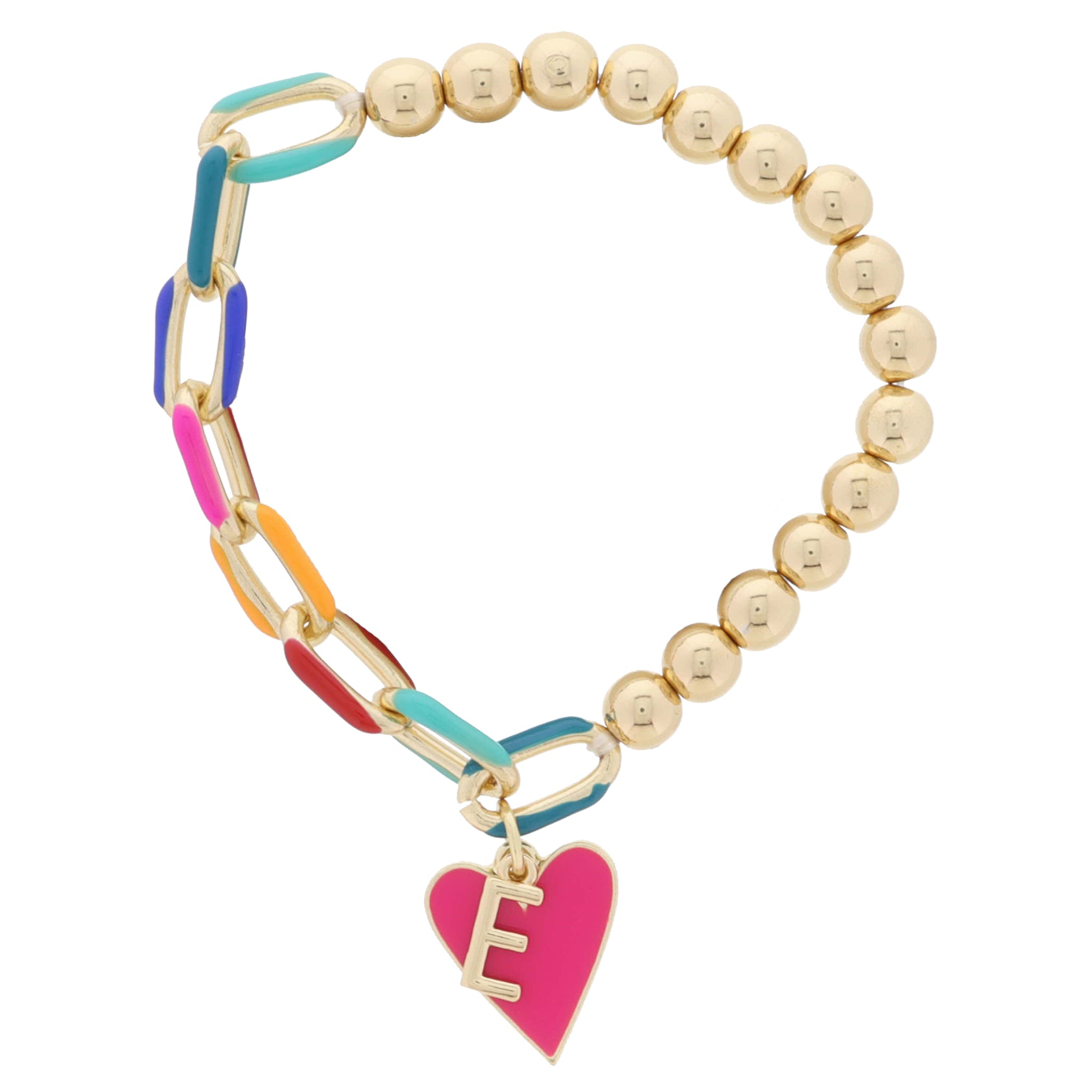 Kids Half Chain, Half Gold Beaded, Gold Initial "E", Pink Heart Charm Bracelet, .35", .65" Pendants