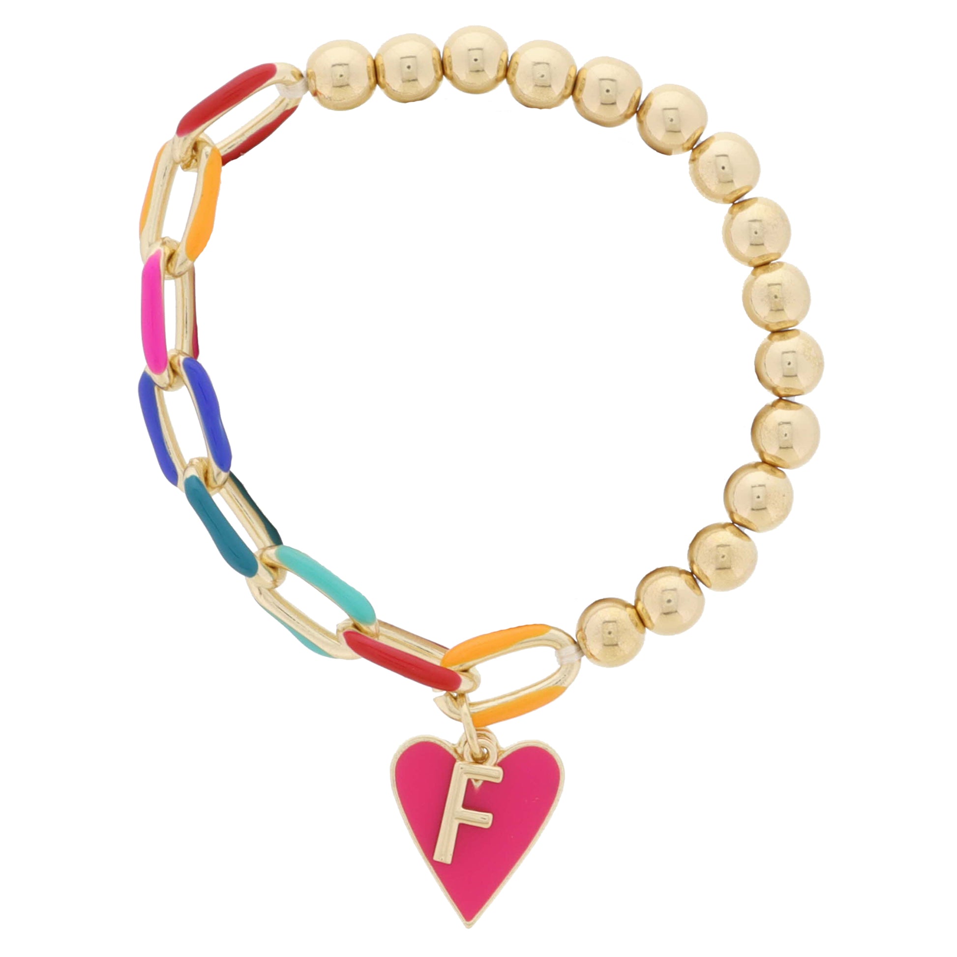 Kids Half Chain, Half Gold Beaded, Gold Initial "F", Pink Heart Charm Bracelet, .35", .65" Pendants