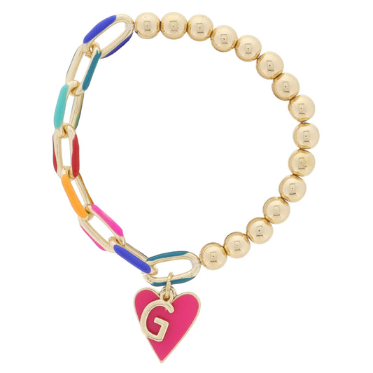 Kids Half Chain, Half Gold Beaded, Gold Initial "G", Pink Heart Charm Bracelet, .35", .65" Pendants