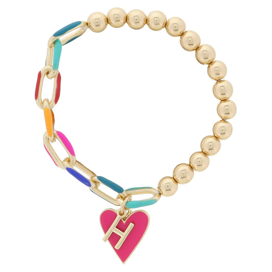 Kids Half Chain, Half Gold Beaded, Gold Initial "H", Pink Heart Charm Bracelet, .35", .65" Pendants
