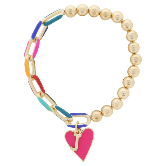Kids Half Chain, Half Gold Beaded, Gold Initial "J", Pink Heart Charm Bracelet, .35", .65" Pendants