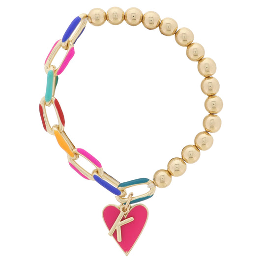 Kids Half Chain, Half Gold Beaded, Gold Initial "K", Pink Heart Charm Bracelet, .35", .65" Pendants