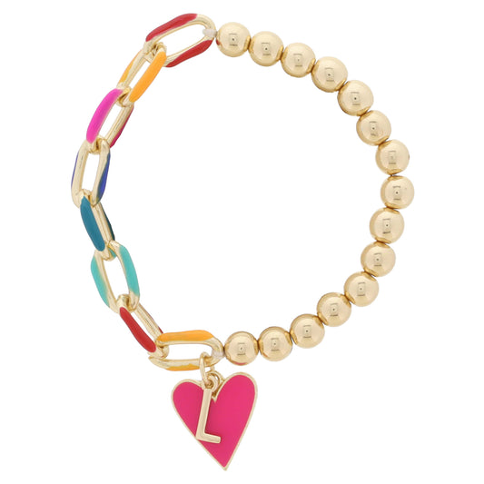 Kids Half Chain, Half Gold Beaded, Gold Initial "L", Pink Heart Charm Bracelet, .35", .65" Pendants