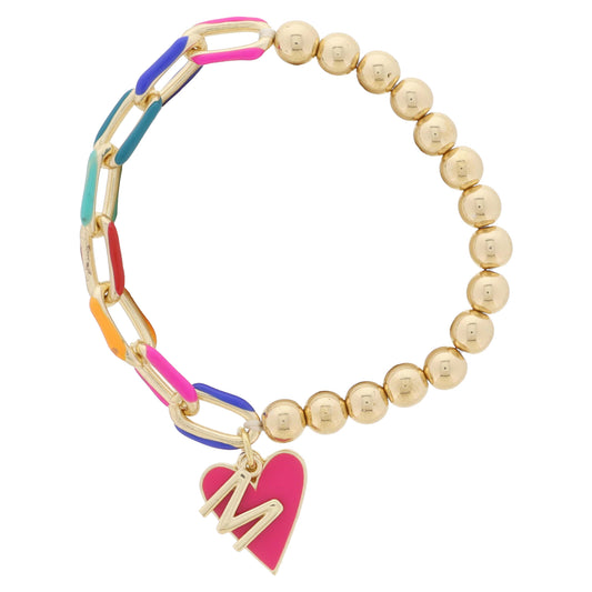 Kids Half Chain, Half Gold Beaded, Gold Initial "M", Pink Heart Charm Bracelet, .35", .65" Pendants