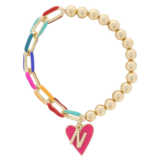 Kids Half Chain, Half Gold Beaded, Gold Initial "N", Pink Heart Charm Bracelet, .35", .65" Pendants