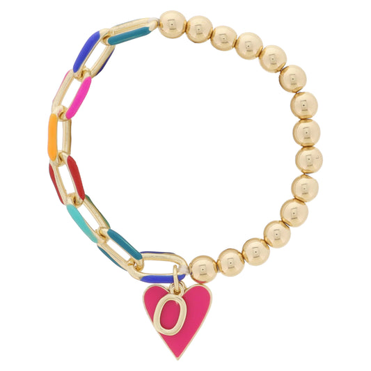 Kids Half Chain, Half Gold Beaded, Gold Initial "O", Pink Heart Charm Bracelet, .35", .65" Pendants
