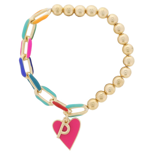 Kids Half Chain, Half Gold Beaded, Gold Initial "P", Pink Heart Charm Bracelet, .35", .65" Pendants
