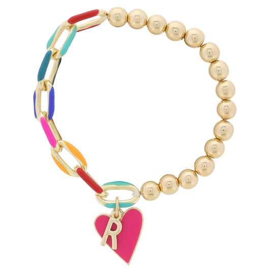 Kids Half Chain, Half Gold Beaded, Gold Initial "R", Pink Heart Charm Bracelet, .35", .65" Pendants