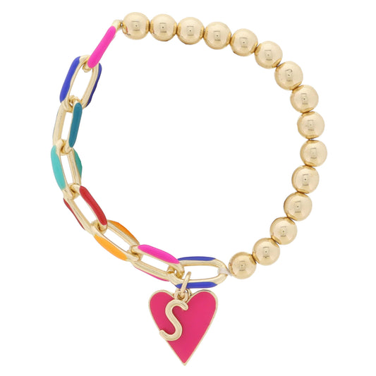 Kids Half Chain, Half Gold Beaded, Gold Initial "S", Pink Heart Charm Bracelet, .35", .65" Pendants