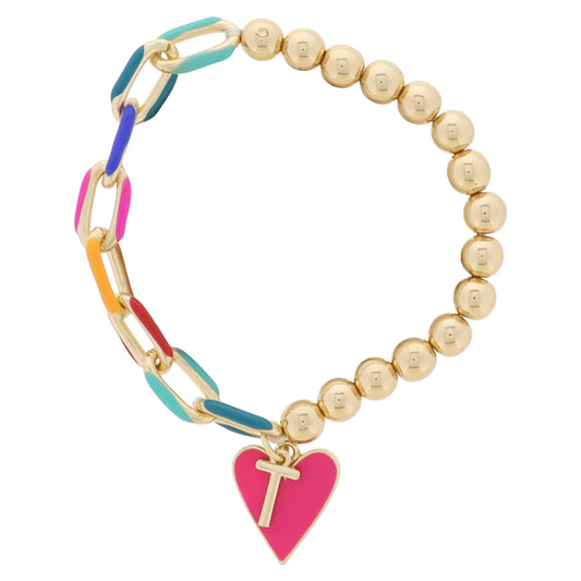 Kids Half Chain, Half Gold Beaded, Gold Initial "T", Pink Heart Charm Bracelet, .35", .65" Pendants