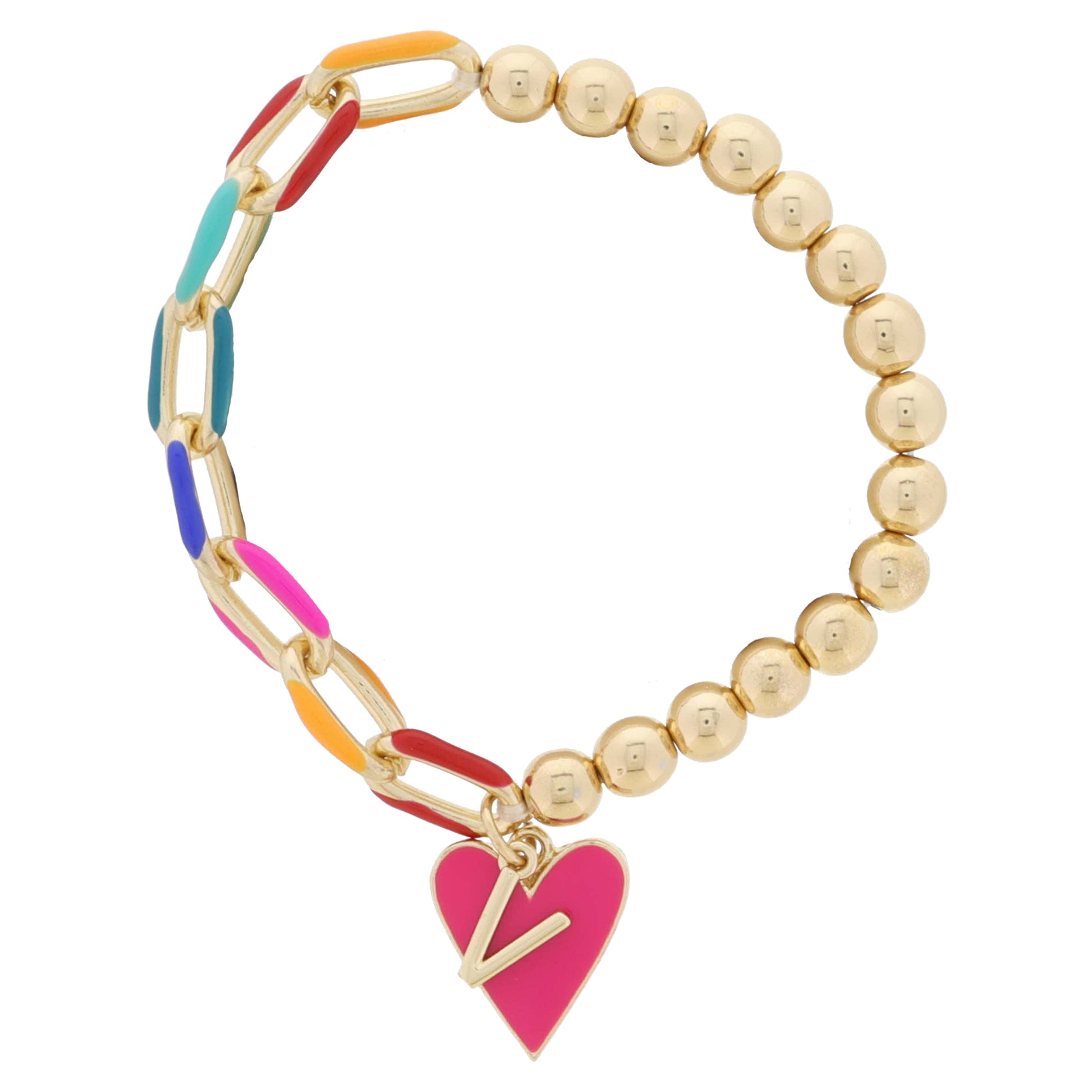 Kids Half Chain, Half Gold Beaded, Gold Initial "V", Pink Heart Charm Bracelet, .35", .65" Pendants