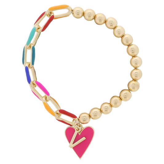 Kids Half Chain, Half Gold Beaded, Gold Initial "V", Pink Heart Charm Bracelet, .35", .65" Pendants