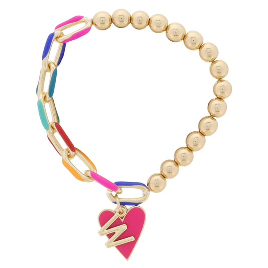 Kids Half Chain, Half Gold Beaded, Gold Initial "W", Pink Heart Charm Bracelet, .35", .65" Pendants