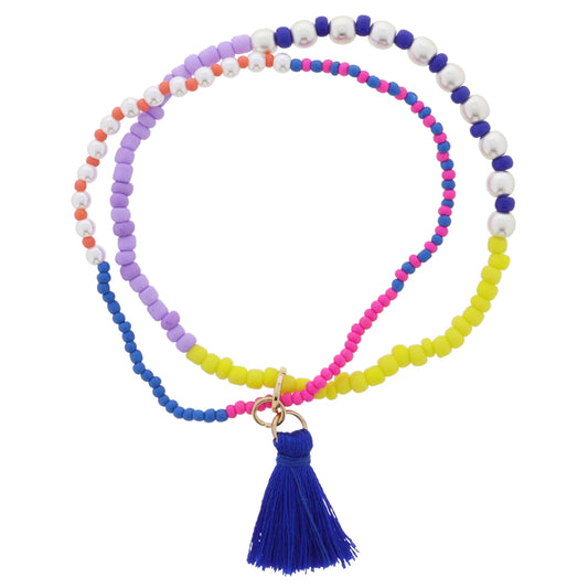 Kids 2 Strand, Pink, Yellow, Blue, Lavender, Orange Beaded, Pearl & Tassel Bracelet, .85" Pendants