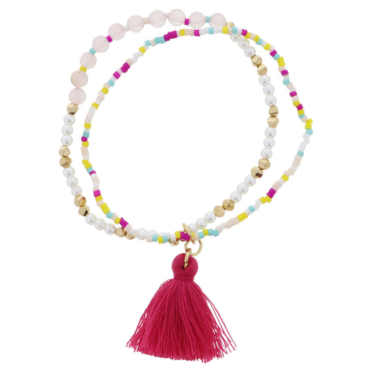 Kids 2 Strand, Magenta, Mint, Yellow, Pearl, Gold Beaded with Pink Tassel Bracelet, 85" Pendants