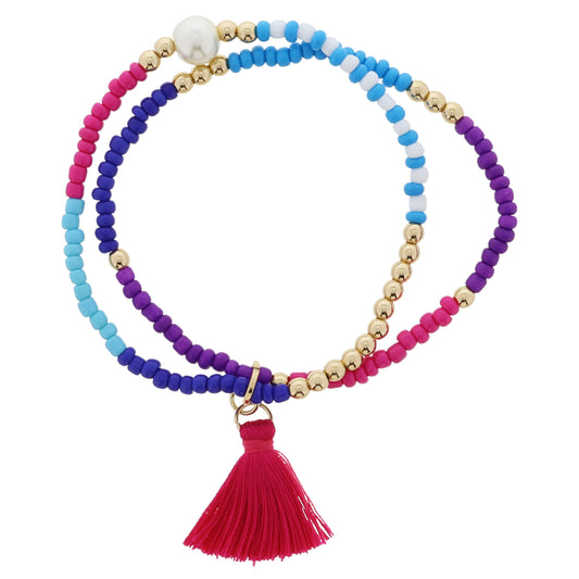 Kids 2 Strand, Magenta, Blue, Purple, Aqua, Gold Beaded Pearl, Pink Tassel Bracelet, .85" Pendants