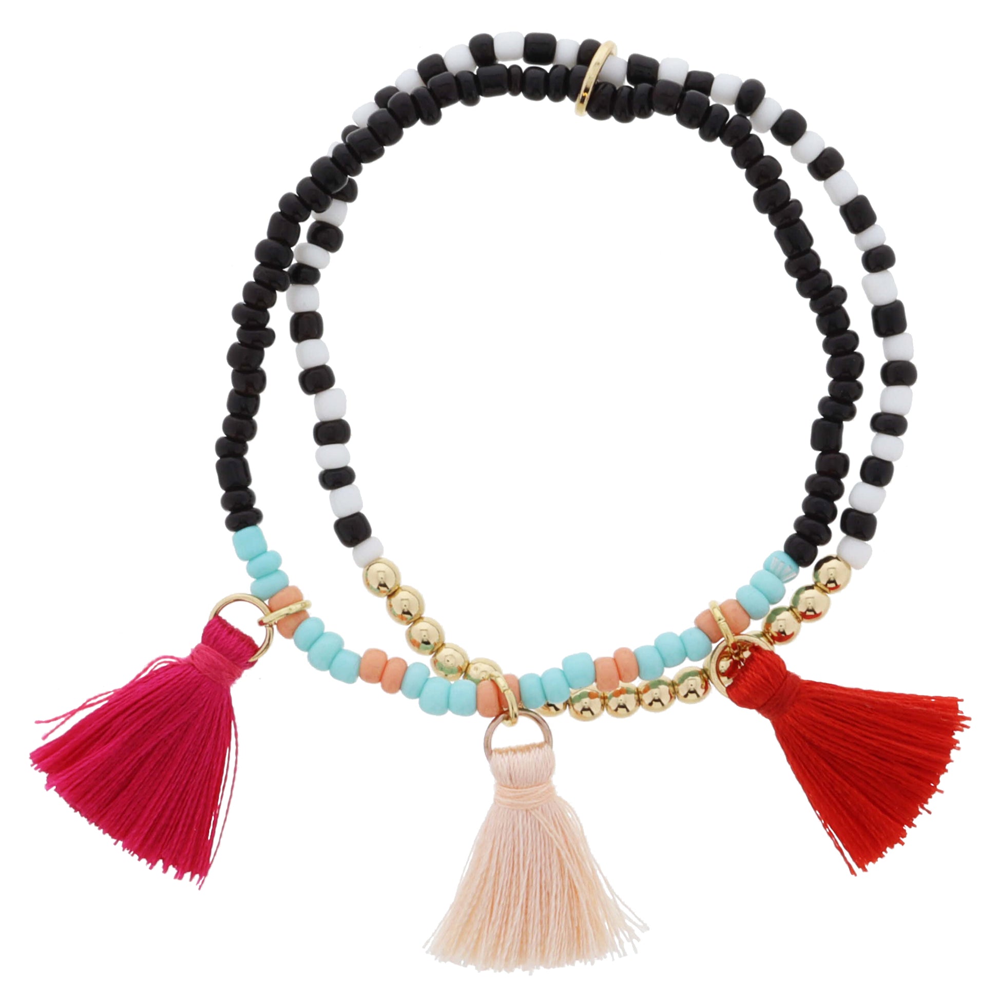 Kids 2 Strand, Black, White, Mint, Peach, Gold with Tassels Bracelet, .85", .85", .85" Pendants