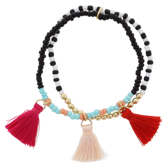 Kids 2 Strand, Black, White, Mint, Peach, Gold with Tassels Bracelet, .85", .85", .85" Pendants
