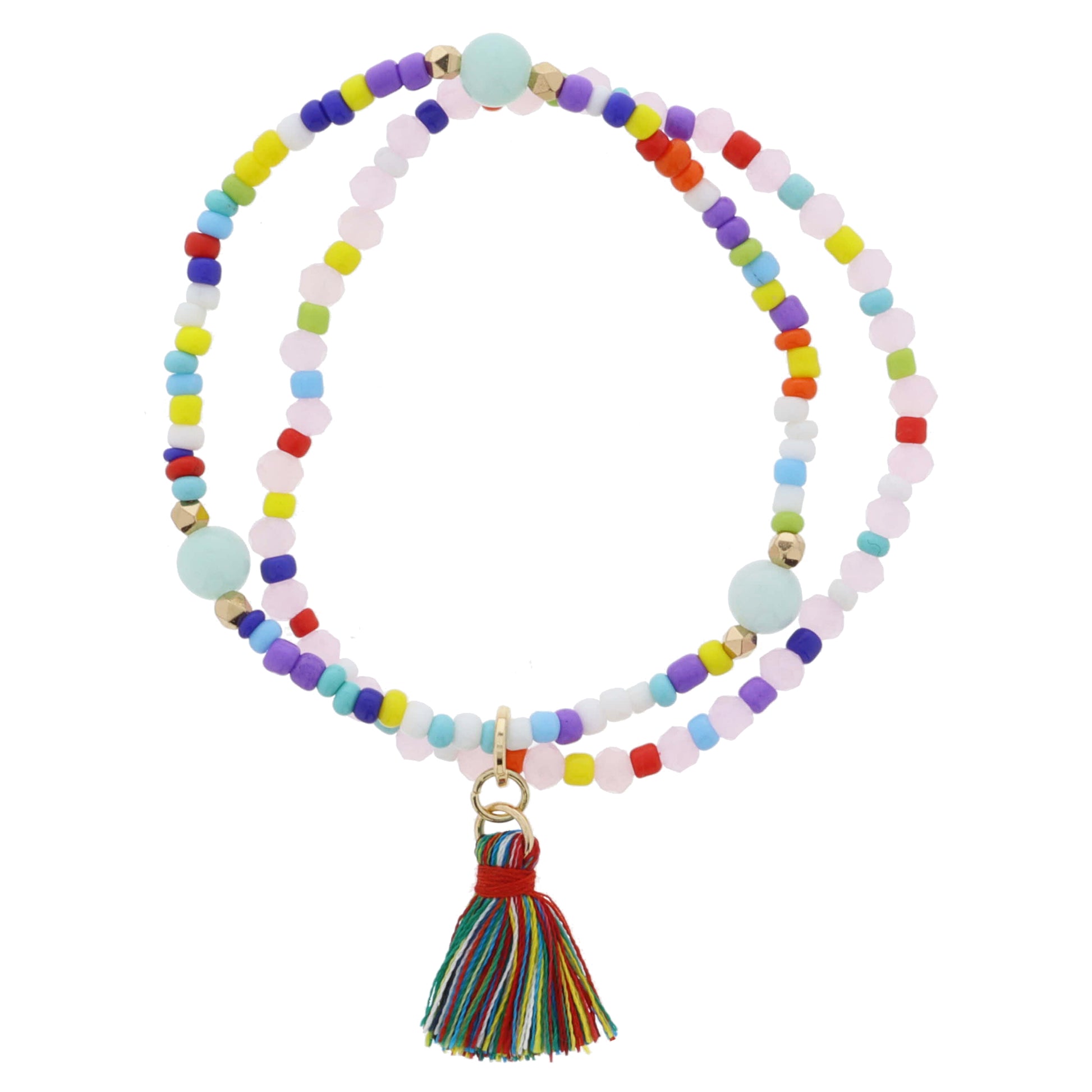 Kids 2 Strand, Multi, Gold, Facteted Light Pink Beaded, Mint Beads & Tassel Bracelet, .85" Pendants