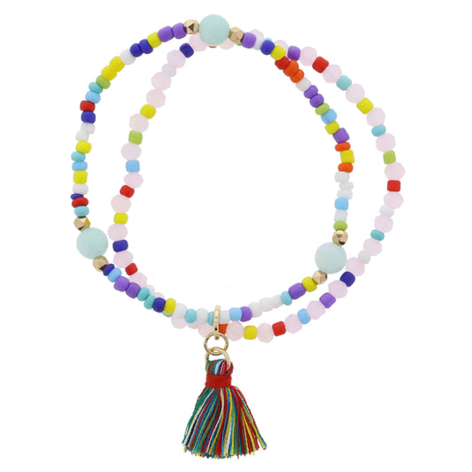 Kids 2 Strand, Multi, Gold, Facteted Light Pink Beaded, Mint Beads & Tassel Bracelet, .85" Pendants