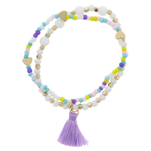 Kids 2 Strand, Lavender, Turquoise, Yellow, White, Beads, Hearts & Tassel Bracelet, .85" Pendants