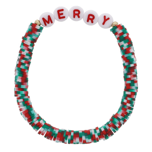 Kids Speckled Multi Red, Green, White Rubber Sequin with "MERRY" Bracelet, .25" Pendants