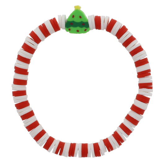 Kids Red and White Rubber Sequin with Rubber Christmas Tree Bead Bracelet, .5" Pendants